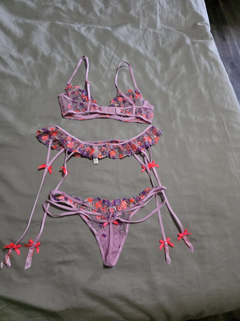 For Love & Lemons Lavender Floral Embroidered Lingerie Set with Neon Accents